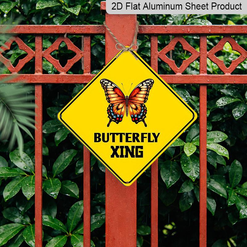 2D Flat, 1pc Humorous Butterfly Crossing Metal Sign - Vibrant Yellow & Colorful Butterfly Wall Decor, Indoor/Outdoor Art for Home, Garden, Patio