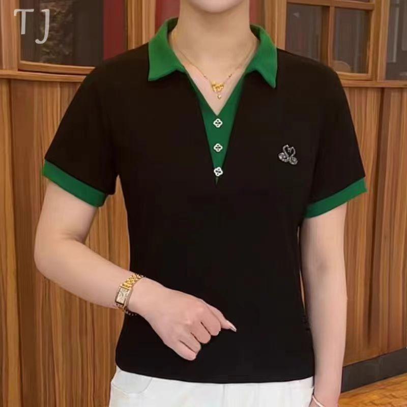New Summer Short-sleeved Women's T-shirt Temperament Contrasting Shirt for Women Casual and Versatile Slim Top for Women