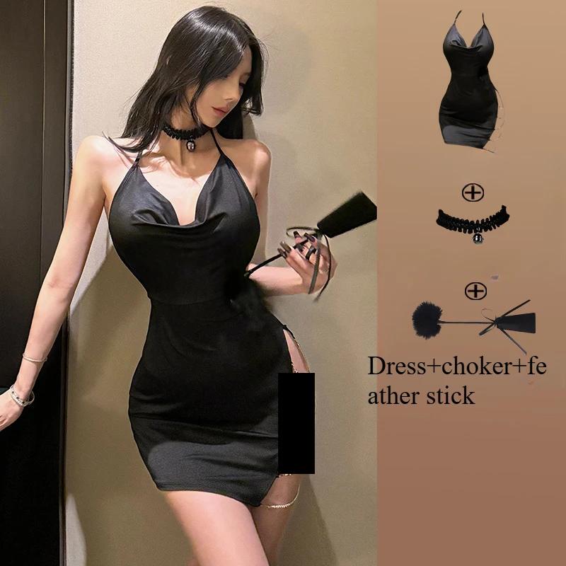 Women's Chain Halter Nightclub Pajamas Sexy Backless Side Slit Wrap Sleepwear Mini Nightie Erotic Hot Night Club Nightdress Set