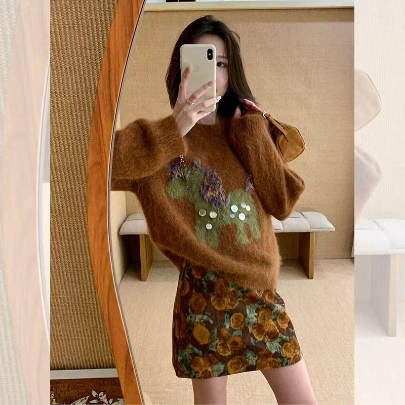 2025 Autumn/Winter Chic Korean Brown Knit Sweater with Little Horse Embroidery – Women's Soft, Loose Fit Top