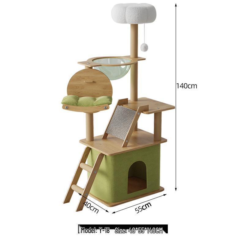 Large Wooden Cat Tree & Scratching Post with Space-Saving Design - Integrated Climbing Frame & House
