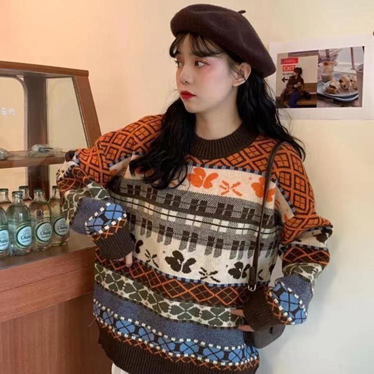 Vintage žakárový svetr dámský podzimní a zimní design pocit ležérního stylu kulatý výstřih rukáv dlouhý rukáv dámský volný svrchní oděv