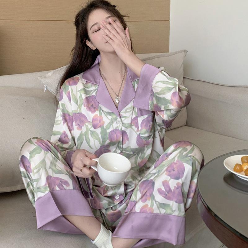 Women's Two-Piece Pajamas Spring and Autumn Summer Ice Silk Pajamas Ladies Tulip Long-Sleeved Trousers Cardigan Homewear Set