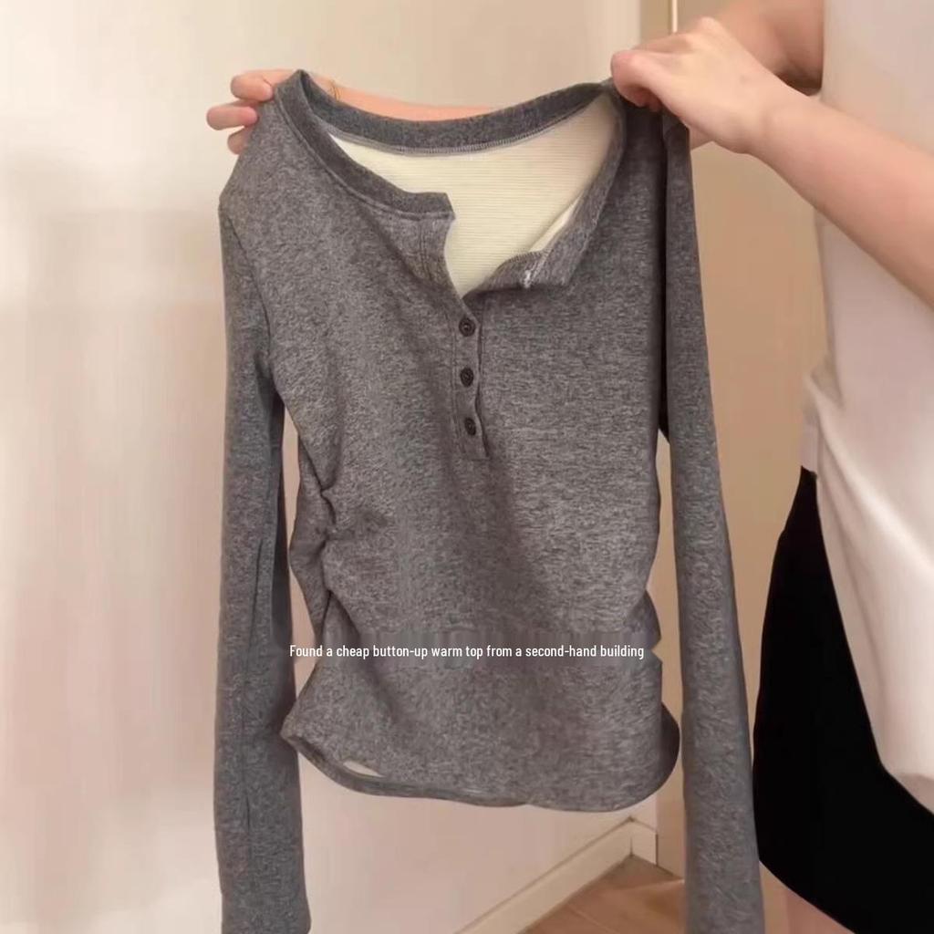 De Rong Women's Plus Velvet Cotton Slim-fit Pleated Top - Heat-generating, Brushed, and Constant Temperature Base Layer for Autumn/Winter.