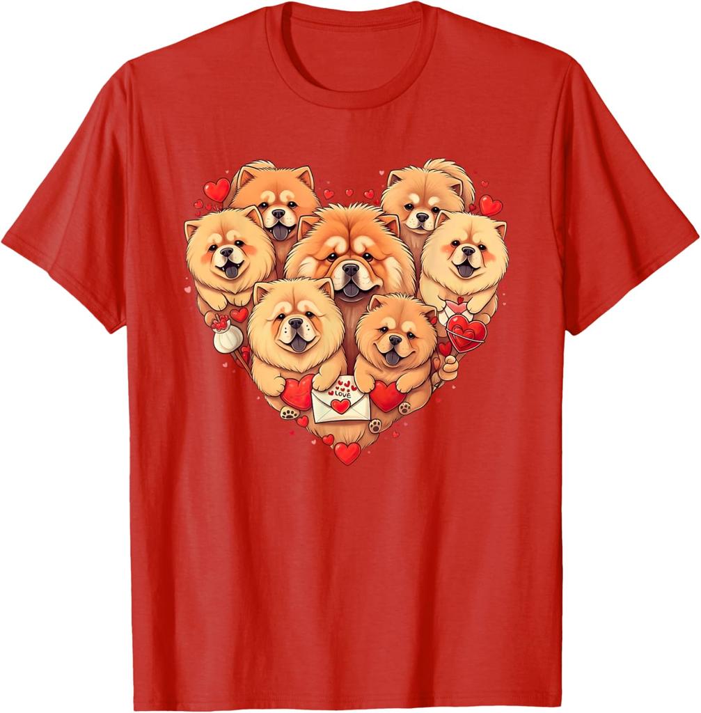 Chow Chow Heart Valentine Dogs Graphic Tee Short Sleeve Crewneck Casual Cotton T-Shirt for Men Women