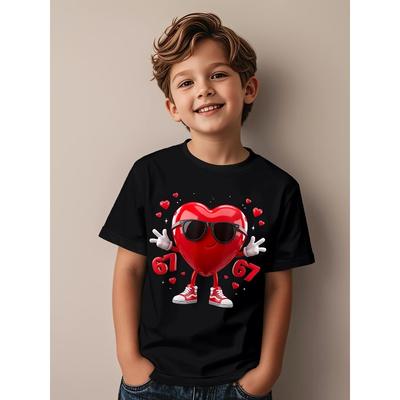 Europäische Größen Lustiger Valentinstag 67 Sechs Sieben Herz Geschenk | Niedliche Serie Jungen und Mädchen Kinder Kurzarm-T-Shirt, Freizeitkleidung,