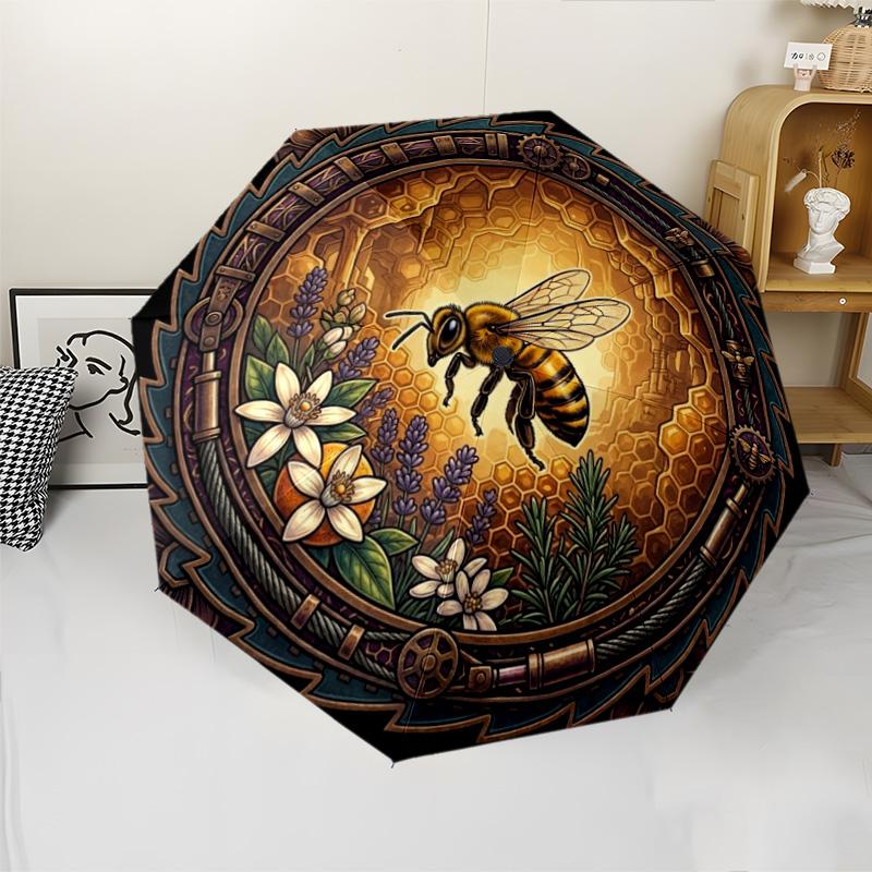 Bee Honeycomb Garden Emblem pattern umbrella, portable and foldable design, 8 ribs, a casual accessory for Halloween, Christmas, and birthday gifts.