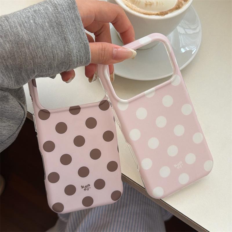 Korean Style Pink-Brown Polka Dot iPhone 16/17 Pro Max Case, Double Layer, Fits 15/14 Models