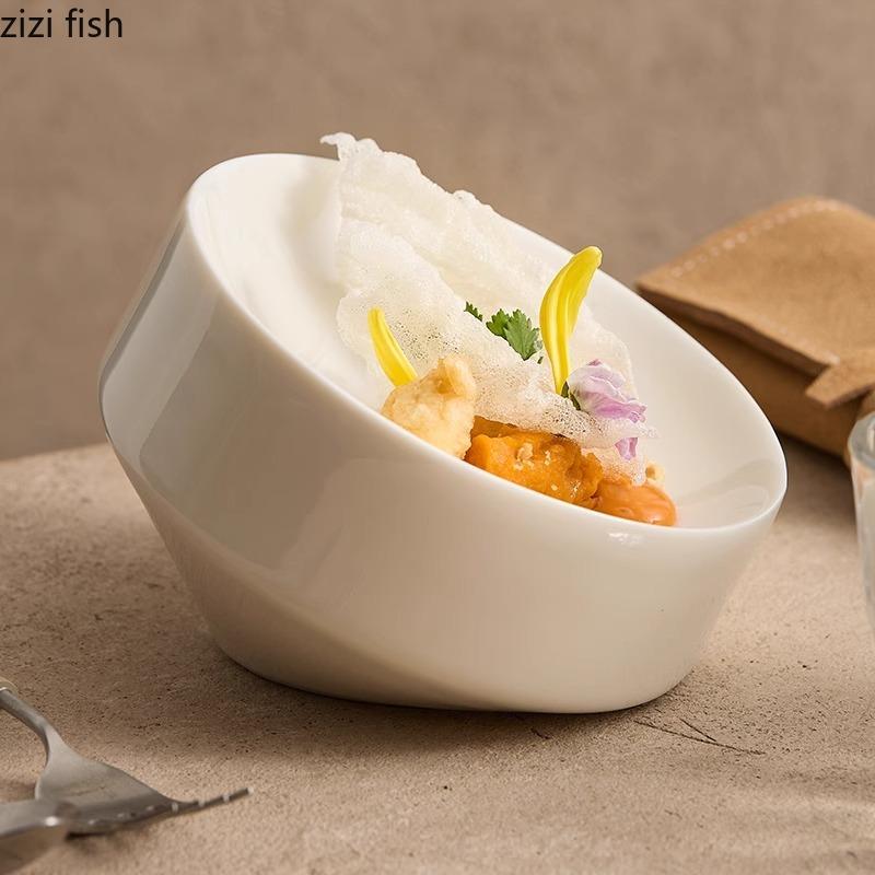 Assiette Céramique Créative Bord Biseauté Assiette Spéciale Dessert Assiette Dim Sum Assiettes à Sushi Assiettes de Présentation Hôtel Cuisine Moléculaire