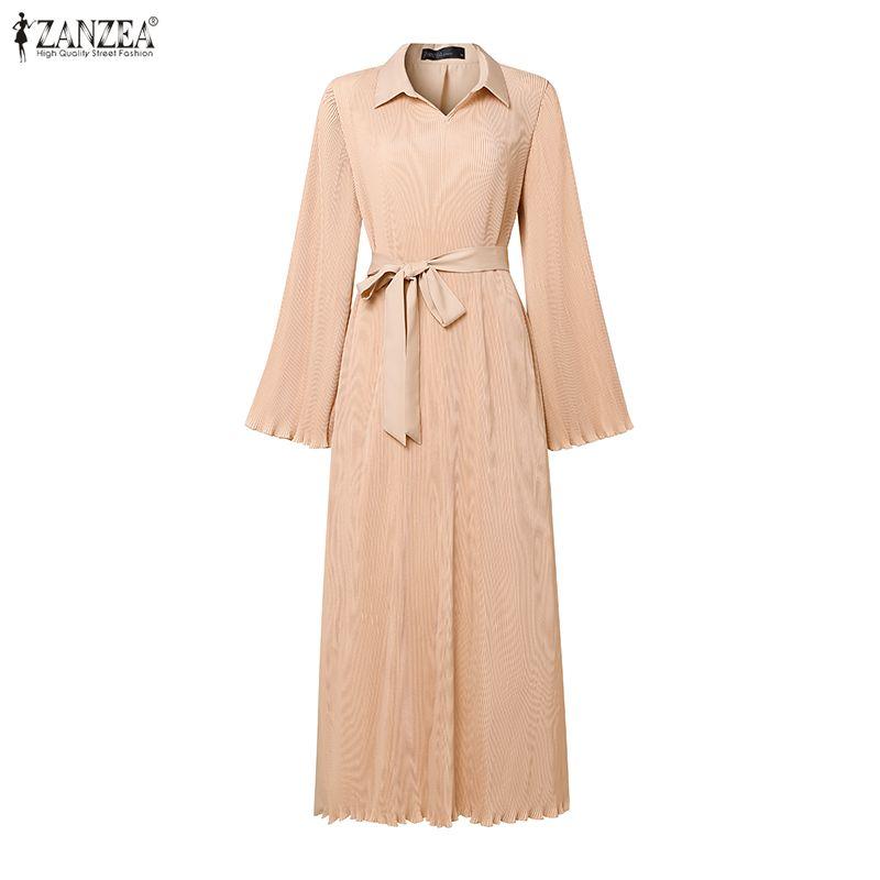 ZANZEA Women Turn Down Collar Loose Casual Long Sleeve Pleated Long Dress
