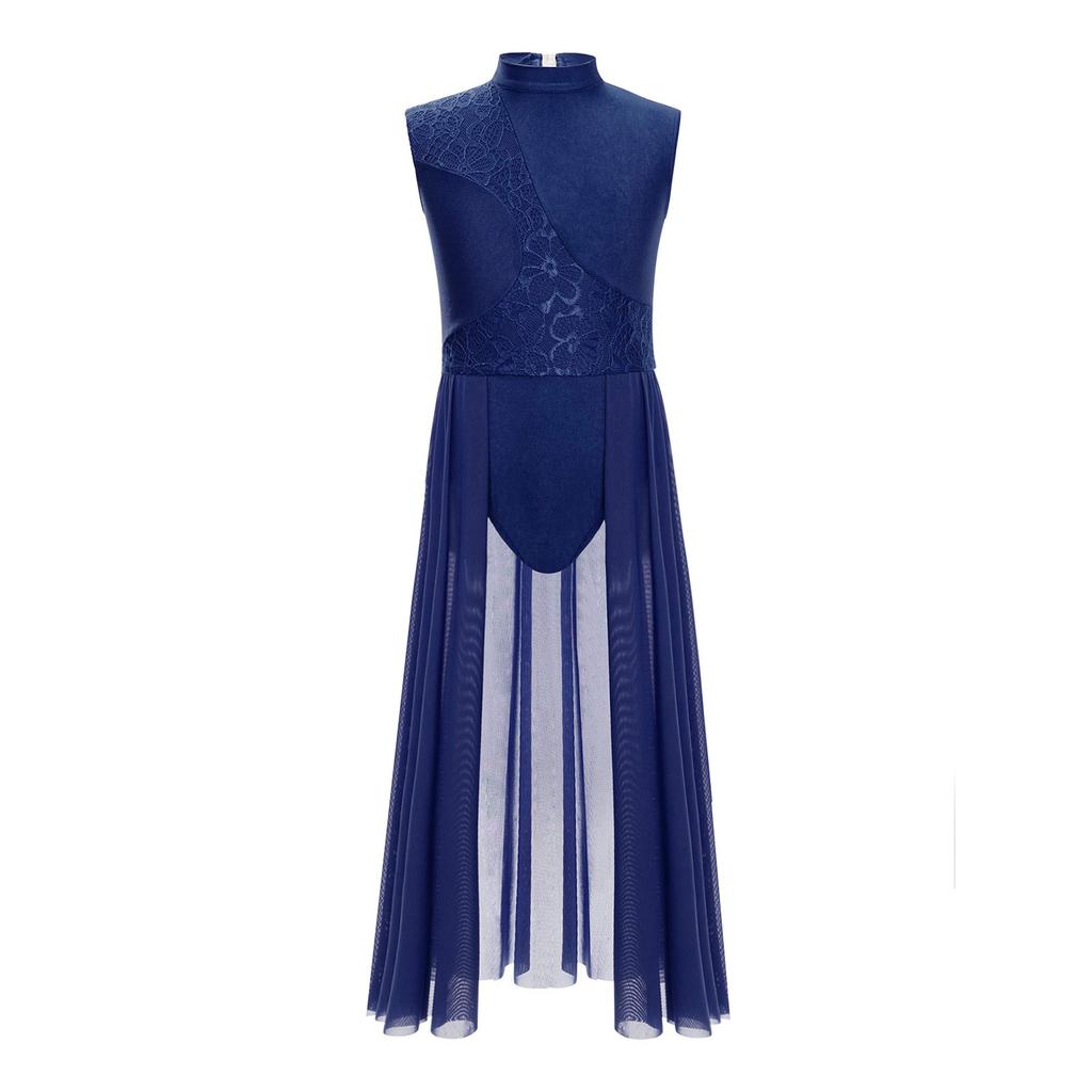 Kinder Mädchen Lyrisches Tanzkleid mit floralem Spitzen-Patchwork: Elegantes Stehkragen- und Cut-out-Rückendesign für Bühnenauftritte