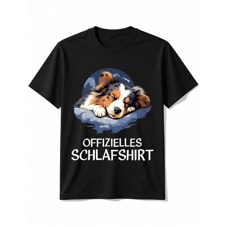 Men'S Australian Shepherd Sleep Shirt - Black Casual Crew Neck T-Shirt With "Offizielles Schlaftshirt" Print | Short Sleeve, Regular Fit, All-Season