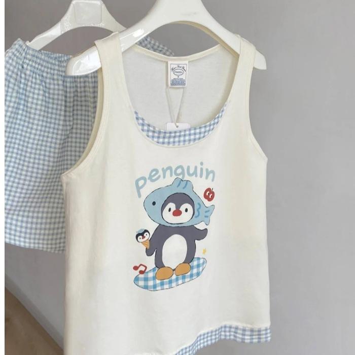 

Simple blue plaid print summer pajamas women s cloud cotton vest shorts suspenders sleeveless loungewear set XXL