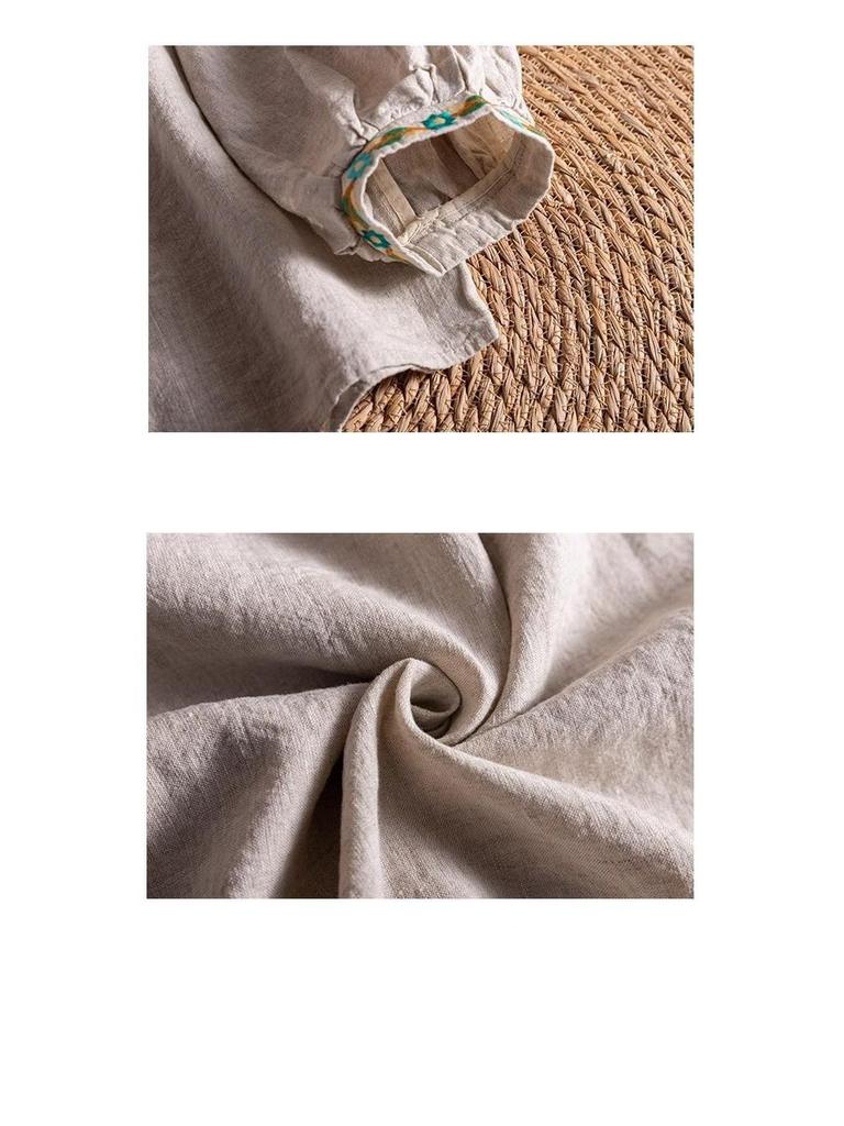 Damen Retro Bestickte V-Ausschnitt Baumwolle Leinen Bluse