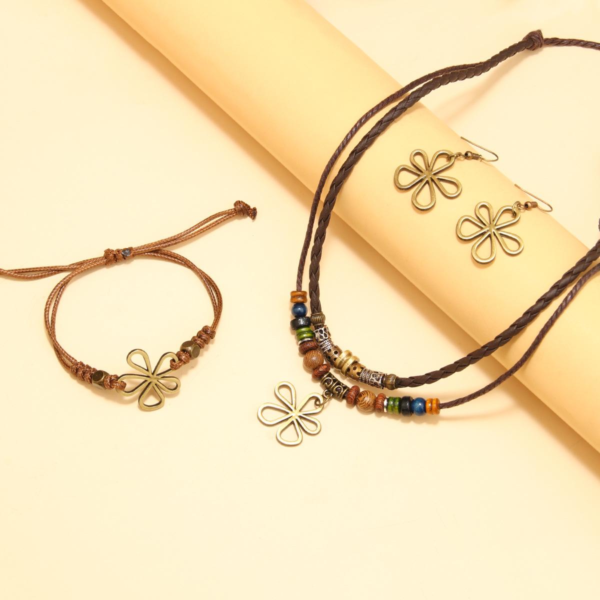 

Trendy Five Leaf Clover Beaded Necklace Earrings Set Braided Wax Cord Pendant For Everyday Wear