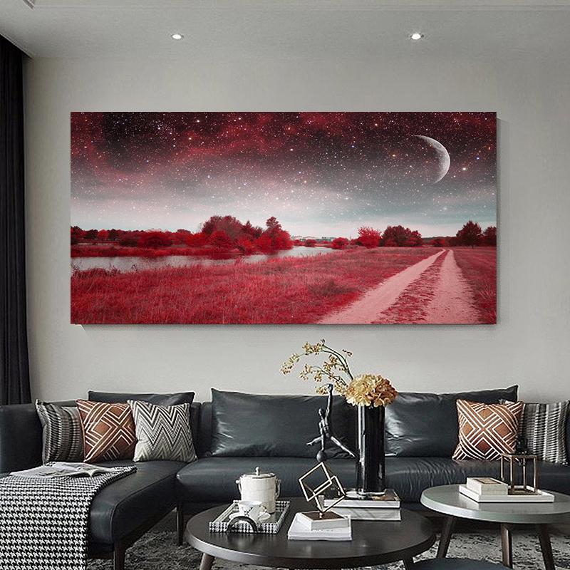 Lacuri și copaci roșii moderni sub cerul înstelat pictură pe pânză peisaj roșu pentru birou, sufragerie, artă de perete, decor Cuadros