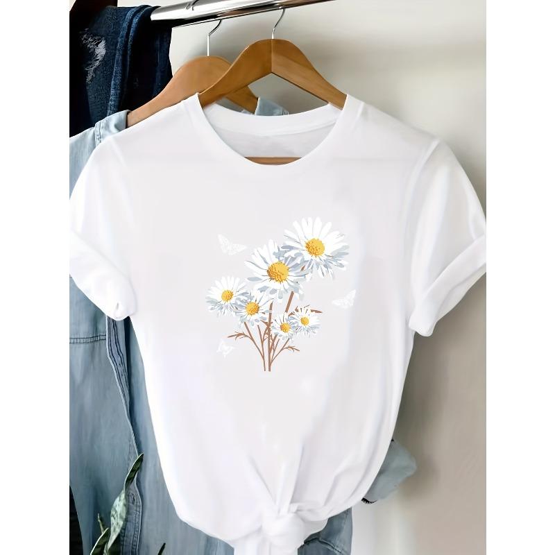 

Повседневная круглая футболка для женщин, европейский размер, изготовлена из удобной смеси, с цветочным принтом, эластичная посадка, можно стирать в машине S белый