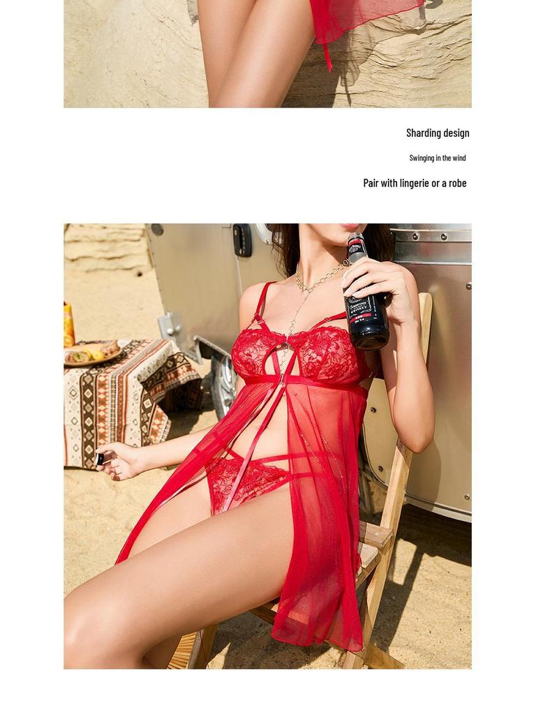Lace Embroidered Sexy Nightgown Set: Tulle See-through Camisole with Slit