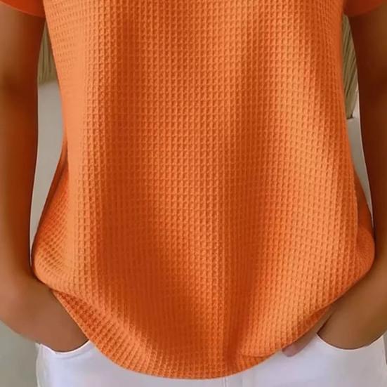 Women Tops Lapel Short Sleeve Zipper Half Placket Shirt Tops Pure Color Waffle Texture Loose Fit Casual Shirt Home Dates Versatile Wear
