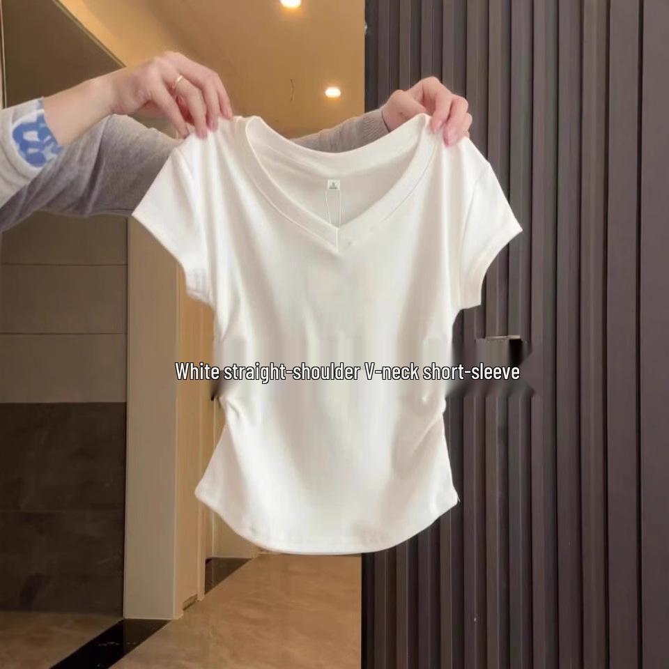 Women's Summer Slimming Pleated V-Neck Cropped T-Shirt, Pure Cotton, Short-Sleeved, Trendy 2026.