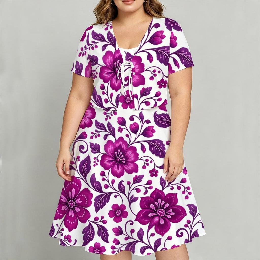 Women Plus Size Floral Printed Two Piece Set Short Sleeve Tie Front Shrug Strappy Flared Dress