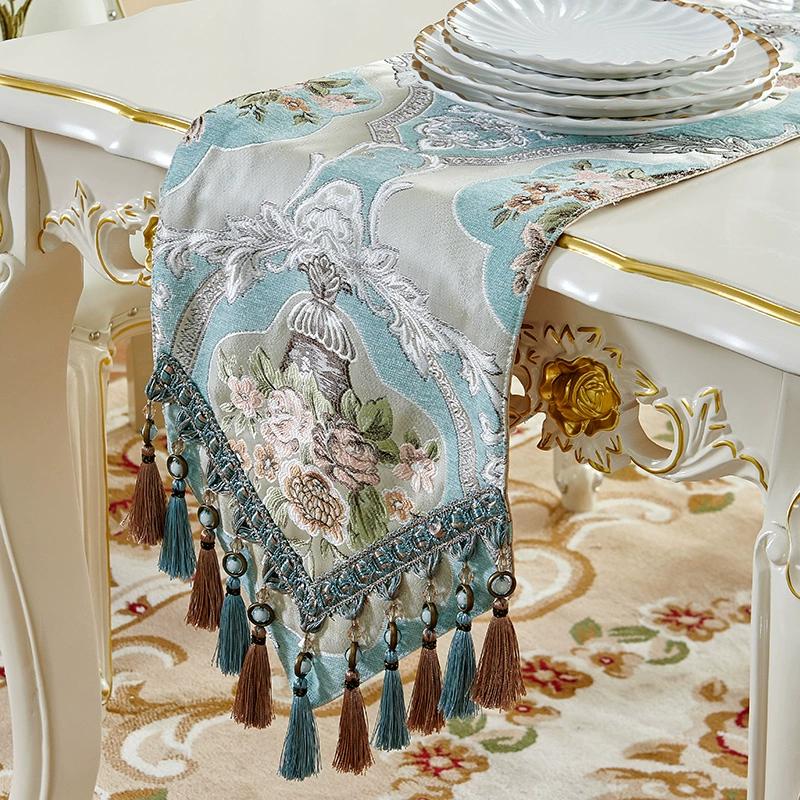Big Patterns Table Runner Chinese Blue Table Flag Tea Table Close Tv Cabinet Cover Cloth with Tassels