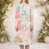 Women Plus Size Abstract Printed Beige Green Brown Two Piece Dress Set Round Neck Long Sleeve Cardigan Sleeveless Midi Dress