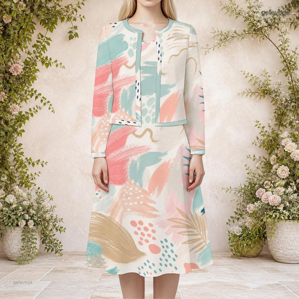 Women Plus Size Abstract Printed Beige Green Brown Two Piece Dress Set Round Neck Long Sleeve Cardigan Sleeveless Midi Dress