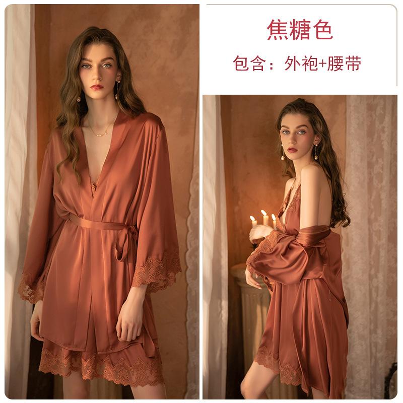 Bridal Morning Gown Sexy Satin Lace Suspender Nightdress Women's Long-sleeved Lace-up Nightgown Loungewear Set