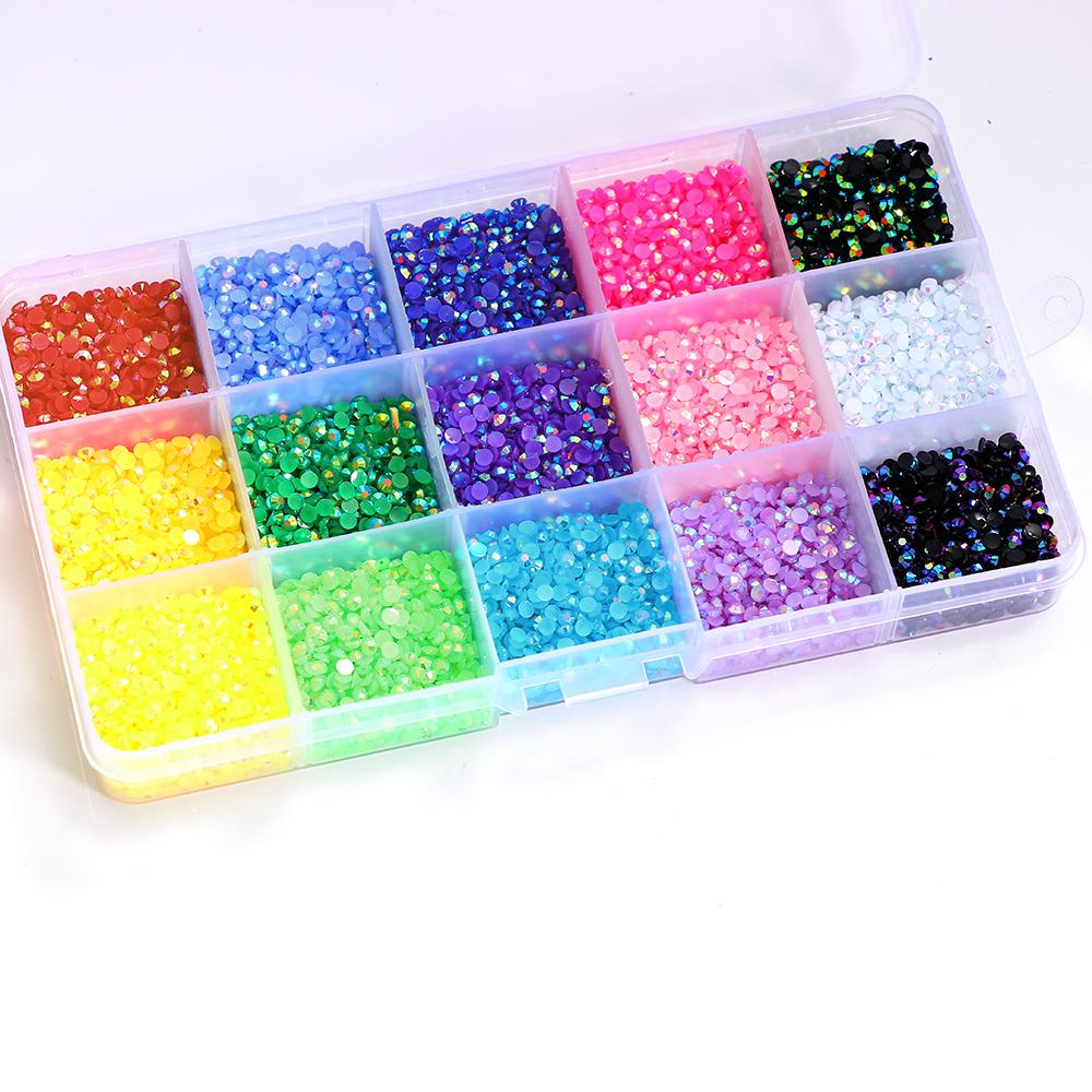 15000pcs 3mm AB Jelly Nail Rhinestones Resin Flat Back Colorful 3D Metal Nail Art Sampler Kits