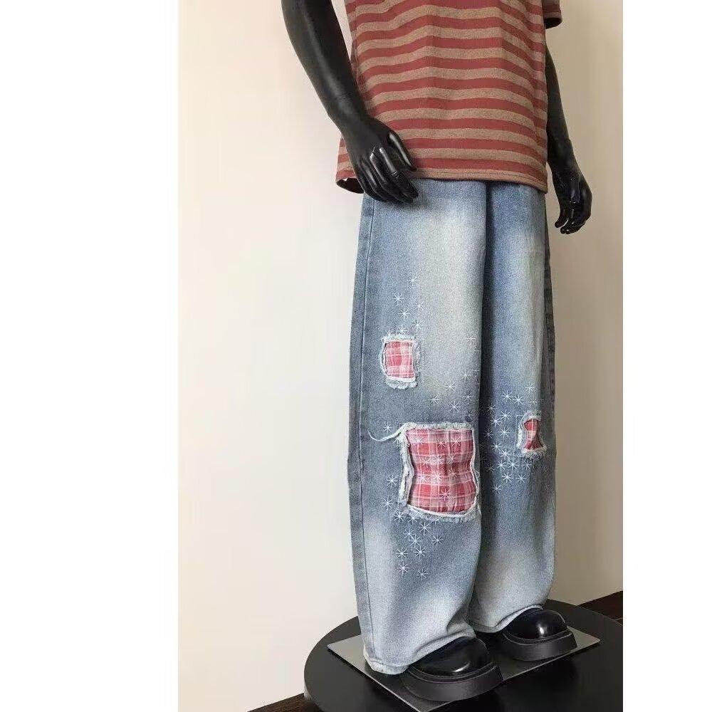 Trendy brand American retro ripped plaid jeans men's and women's contrasting color splicing loose bf street wide-leg trousers