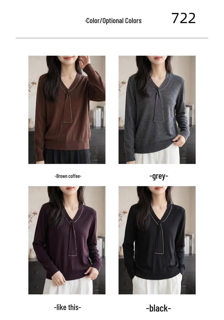 Autumn/Winter Fine Wool Silk V-Neck Knit Long Sleeve Loose Pullover Top