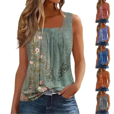 Camiseta con estampado de chaleco sin mangas y cuello cuadrado plisado para mujer