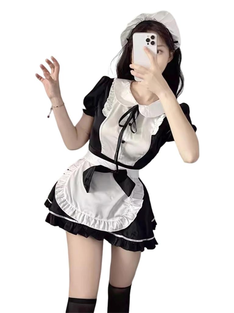 Maid 4 Piece Sexy Lolita One Bow Extreme School Festival Halloween Stockings Included [WhimsiNova] Clothes, Set, Cosplay, Maid, Piece, Tie, Cute,