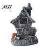 Dark Haunted House Figurine Halloween Ornament, Resin Miniature, Shape Old Stone Texture Decor with Skull Elements Desktop Decoration for Micro