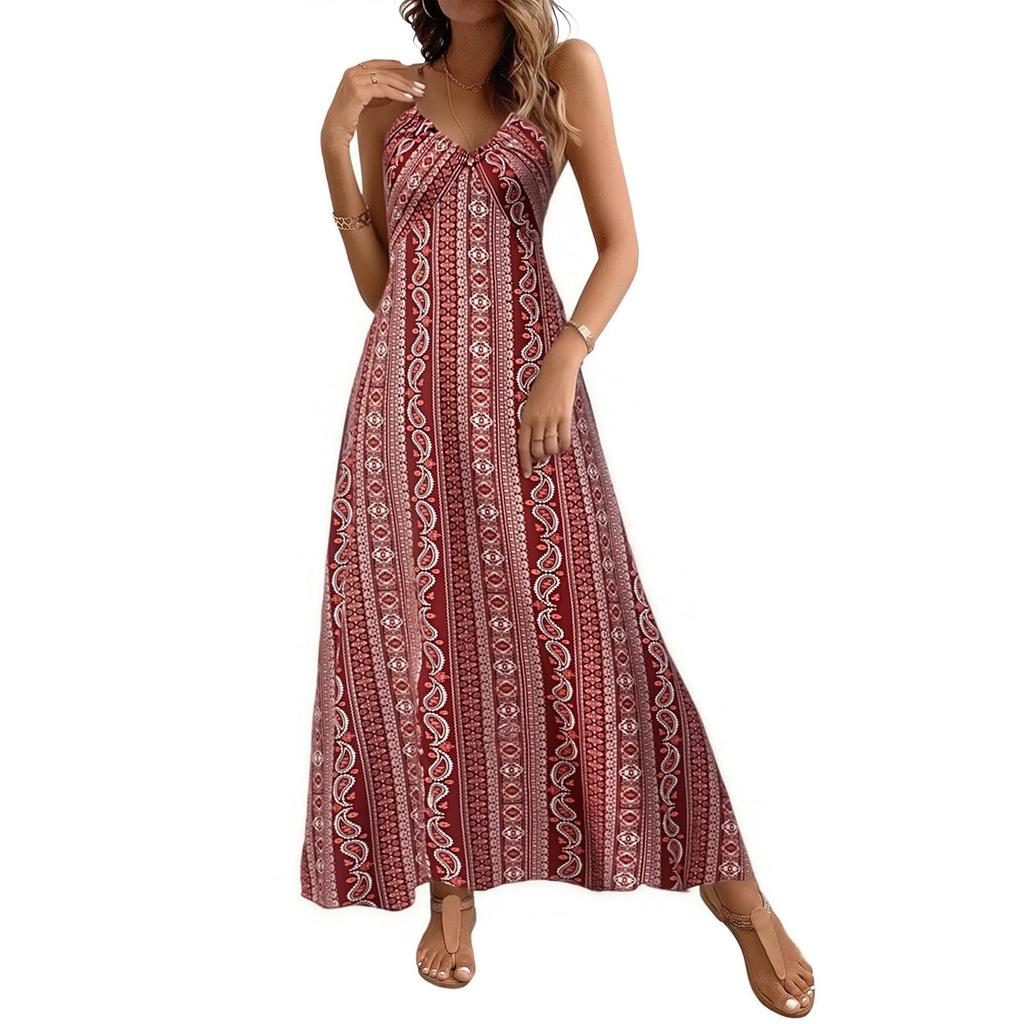 Women's Summer Fashion Sexy V-neck Strap Sleeveless Retro Flower Printed Beach Split Dress