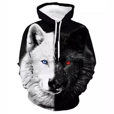 İlkbahar ve sonbahar sezonu yeni sokak trendi rüzgar 3d dijital kurt kafası baskılı erkek günlük kapüşonlu uzun kollu kazak