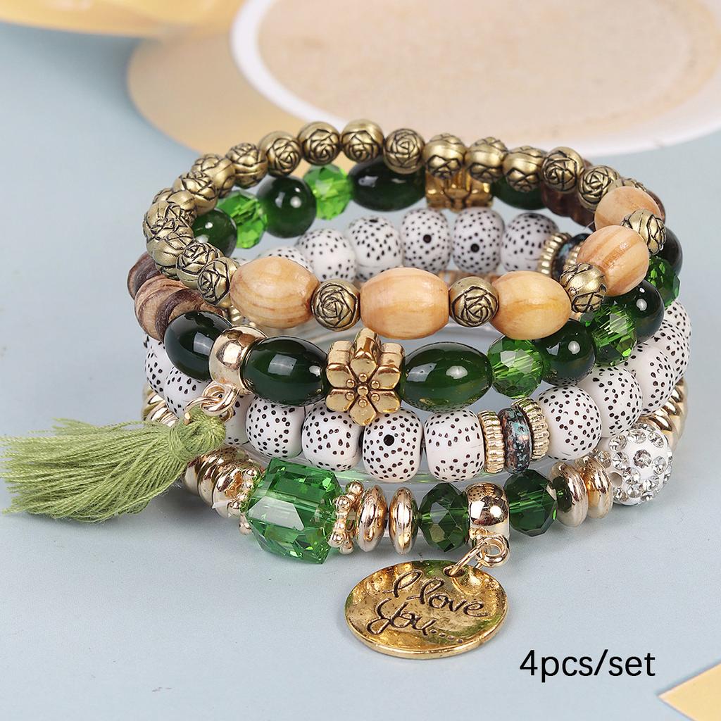 Bohemian Beaded Bracelet Set, Women's Stackable Stretch Bracelets with Tassel & Wing Charm