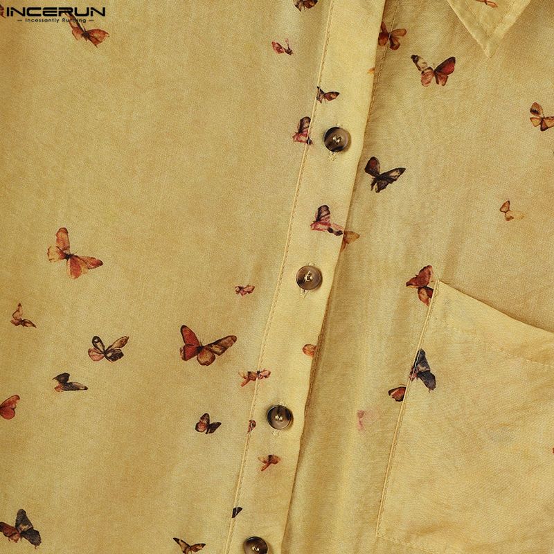 INCERUN Oversized Men Lapel Neck Long Sleeve Floral Print Buttons Casual Loose Shirts