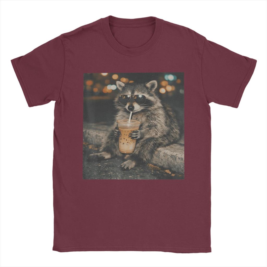 Raccoon Drinking Iced Coffee Funny Animal Meme Cotton TShirt For Mens Beach TShirts ONeck Tee Shirt Oversized Cheap Tops