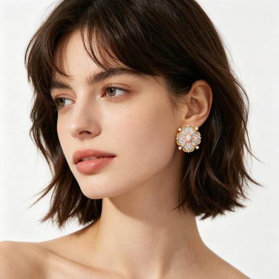 1 Pair Stud Earrings Imitation Pearl Cubic Zirconia Stone Inlaid Flower Shape French Style Blue Enamel Ear Studs Jewelry Gift