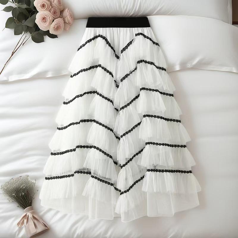 Женская юбка-трапеция с высокой талией, пэчворк, сетчатая, с кружевной отделкой One Size белый