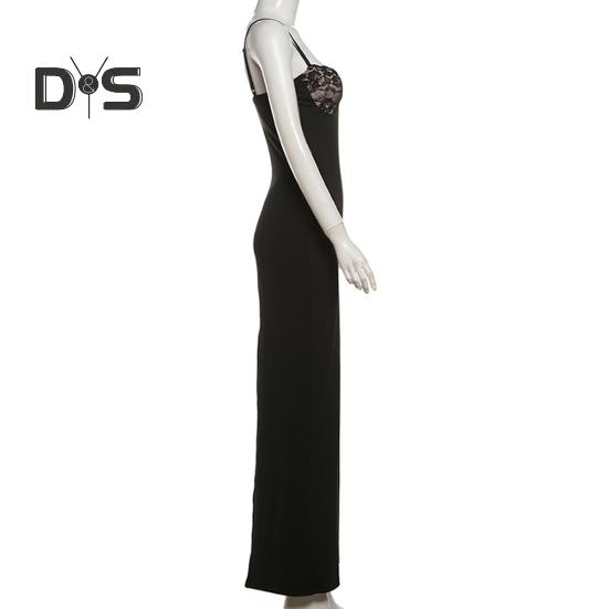 Women's Cami Lace Bodycon Maxi Dress Spaghetti Strap Sleeveless Split Long Dress Sexy Low Cut Evening Dress for Cocktail Party Nightclubs