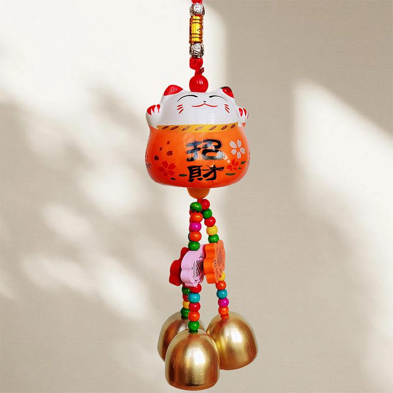 Fortune Cat Ceramic Wind Chimes Hanging Car Charm Garden Charm Decorations Crafts Wind Chimes Metal Bells Good Luck Wind Chimes