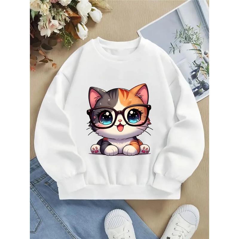 Kids Crewneck Sweatshirt, Cute Big-Eyed Cat with Glasses Graphic Print,Spring Autumn Casual Sport Tops 110