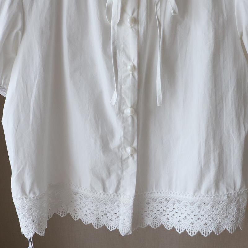 Bi Zheng 2025 Summer Korean Style Lace Patchwork Bubble Sleeve Tie-Up Shirt