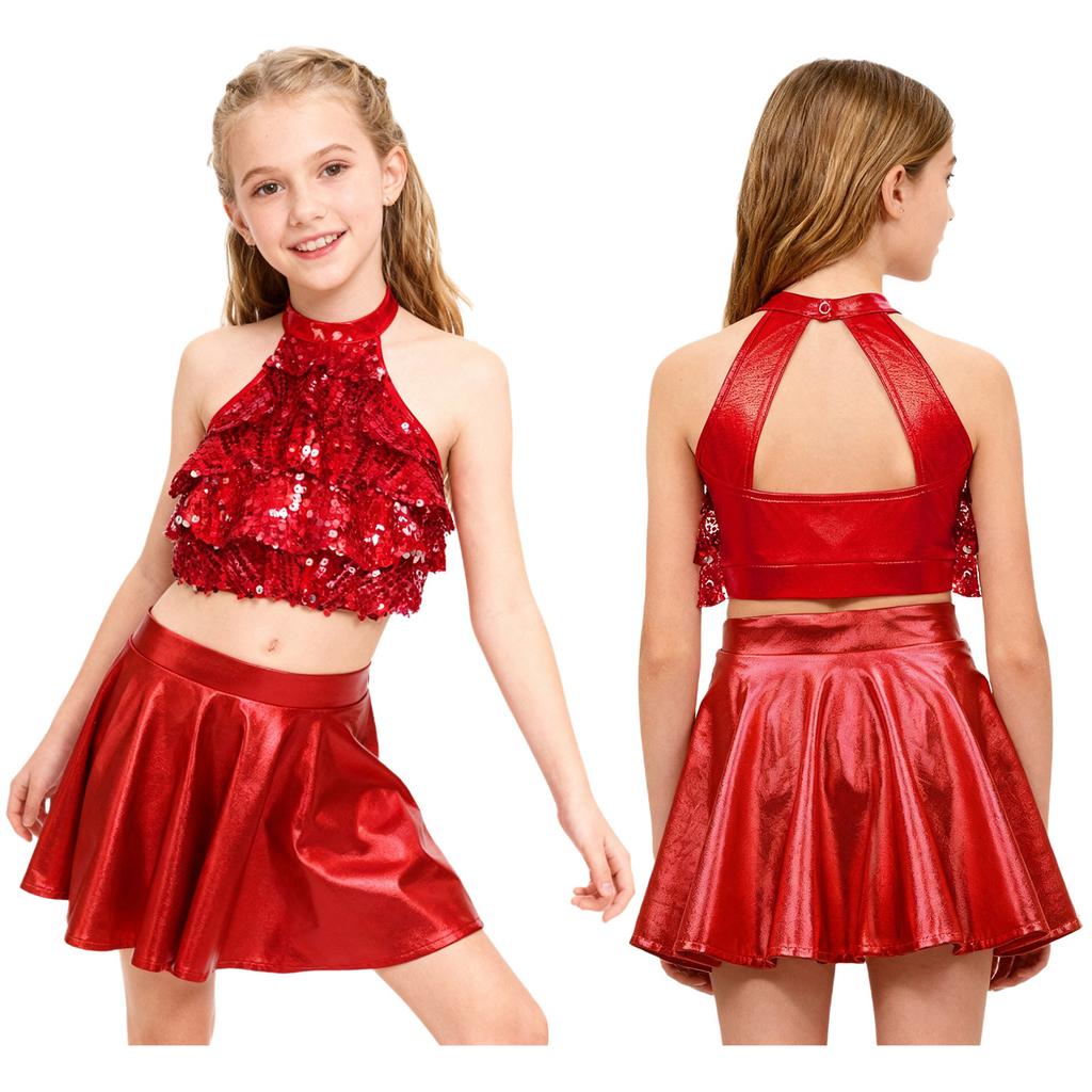 Kids Girls Stage Performance Set: Shiny Sequin Tiered Backless Crop Top & Metallic Ruffled Skirt for Dance Shows
