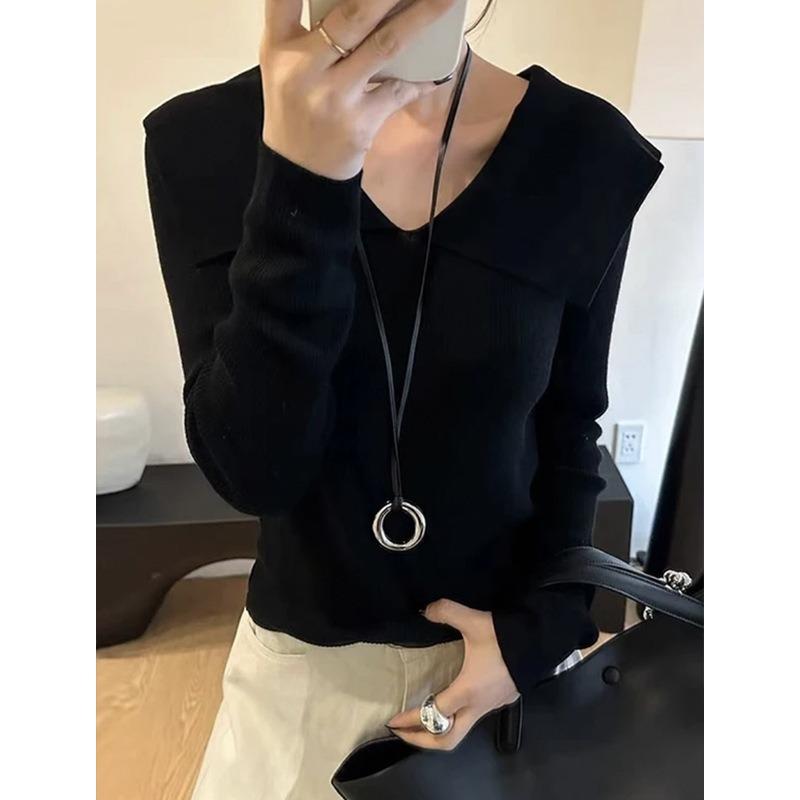 

Navy collar fine wool knitted sweater women s early autumn new bottoming shirt top women average size [recommended 80-60kg] чёрный
