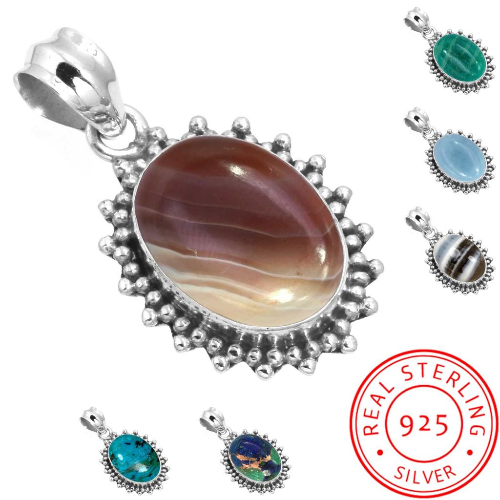 925 Sterling Silver Pendant Women Gemstone Handmade Jewelry Friendship Day Gift Amazonite Angelite Blue Opal Botswana Agate Mohave Azurite Chrysocolla