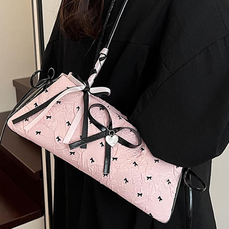 Black Pink Contrasting Color Bow Small Bag Women's 2025 Summer New Shoulder Underarm Bag Fashionable and Sweet Hand Bag